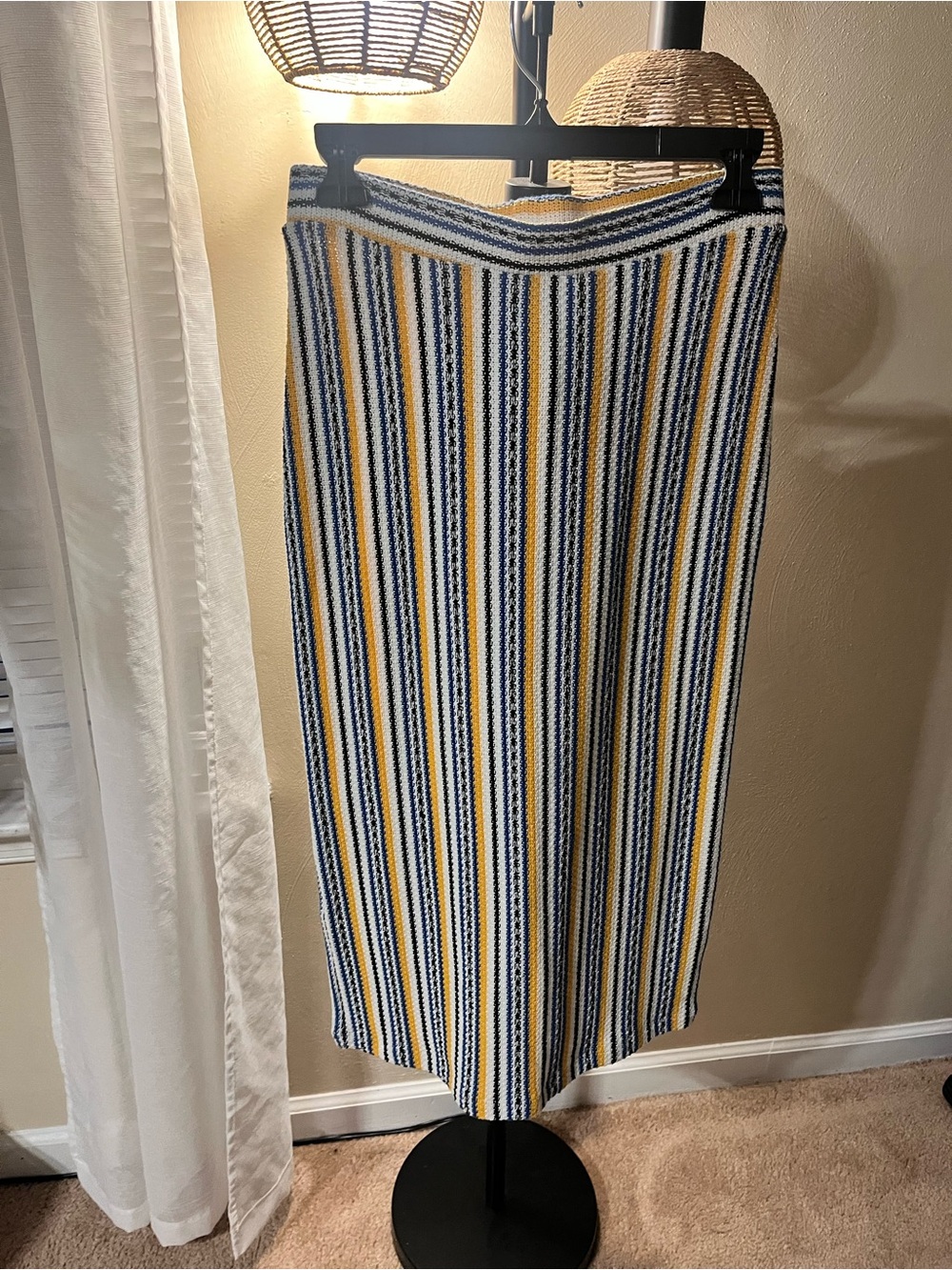 Topshop Striped Knit Midi Skirt in Blue, White & Yellow